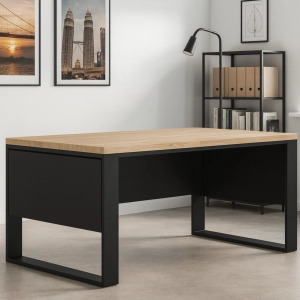 Biurko z Drewna Dębowego Stalowy Stelaż z Blendami Czarnymi